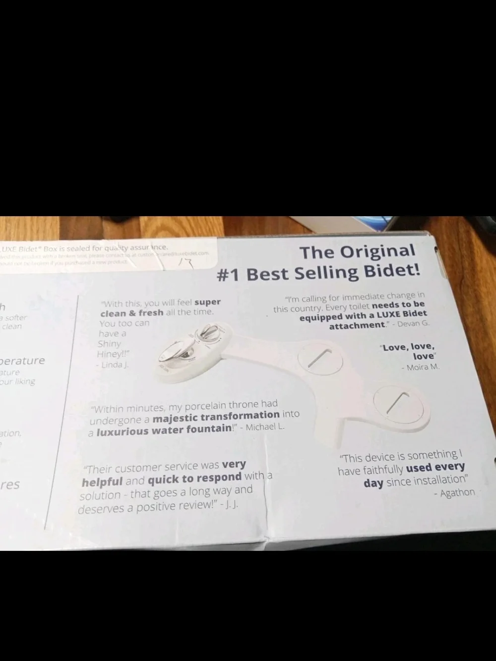 Bidet Attachment Box Panel — White Packaging with Black Text